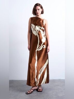 Topshop Brown Maxi Dress with Cream Floral Print
